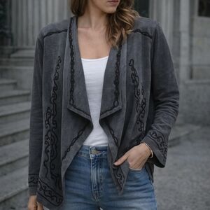 Young Threads Charcoal Open Front Cardigan with Embroidery